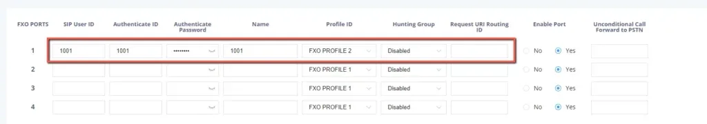 The FXO PORTS table in the HT841 web interface: SIP User ID, Authenticate ID, Authenticate Password, Name, Profile ID, Hunting Group and Enable Port columns