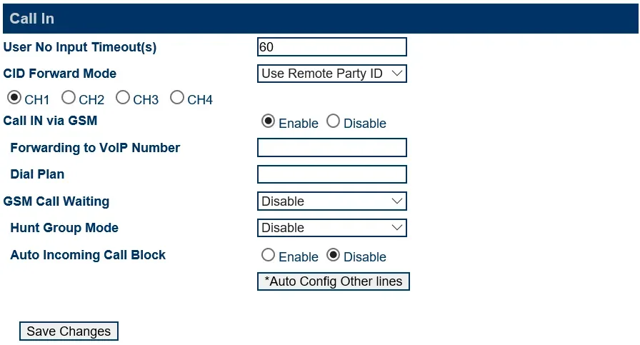 GoIP Call IN page: User No Input Timeout(s), CID Forward Mode = Use Remote Party ID, channel selection CH1–CH4, Call IN via GSM, Forwarding to VoIP Number, Dial Plan, GSM Call Waiting, Hunt Group Mode, Auto Incoming Call Block, *Auto Config Other lines and Save Changes buttons