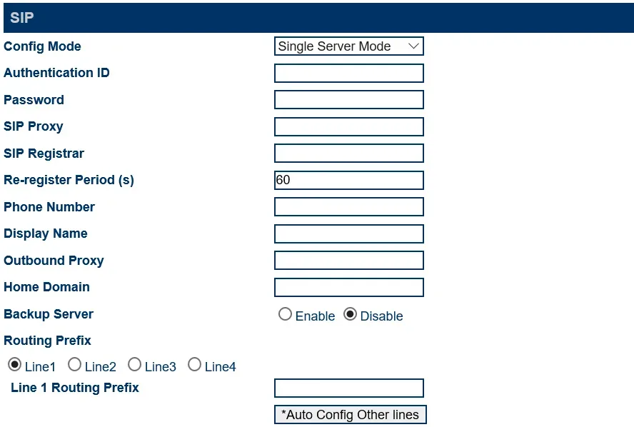 GoIP Basic VoIP page in Single Server Mode: Config Mode, Authentication ID, Password, SIP Proxy, SIP Registrar, Re-register Period (s) = 60, Phone Number, Display Name, Outbound Proxy, Home Domain, Backup Server, per-line Routing Prefix, *Auto Config Other lines button