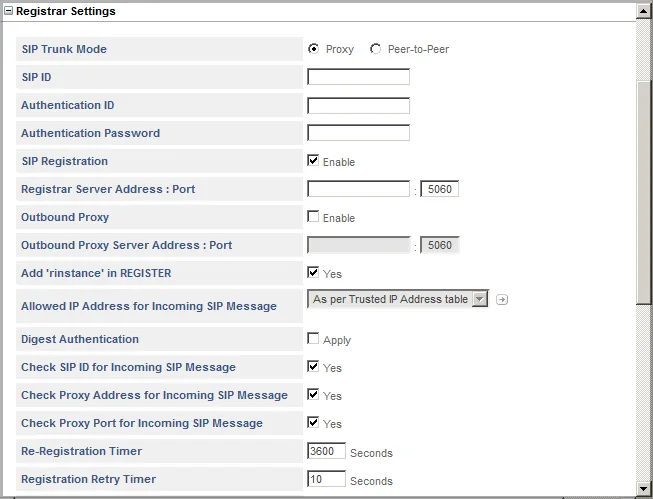 The Registrar Settings block of a Matrix SETU VFX SIP trunk: SIP Trunk Mode (Proxy / Peer-to-Peer), SIP ID, Authentication ID, Authentication Password, SIP Registration, Registrar Server Address : Port 5060, Outbound Proxy, Re-Registration Timer 3600, Registration Retry Timer 10