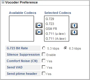 The Vocoder Preference block of a Matrix SETU VFX SIP trunk: Available Codecs and Selected Codecs lists (G.729, G.723, GSM FR, G.711 µ-law, G.711 A-law) with reorder arrows