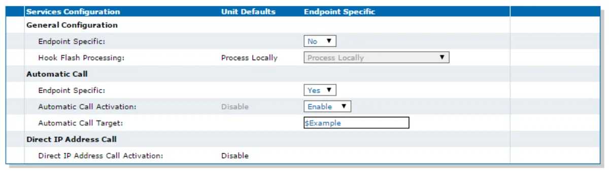 Services Configuration section of the Telephony/Services page of the Mediatrix web interface: in the Automatic Call block — Endpoint Specific = Yes, Automatic Call Activation = Enable, the Automatic Call Target field