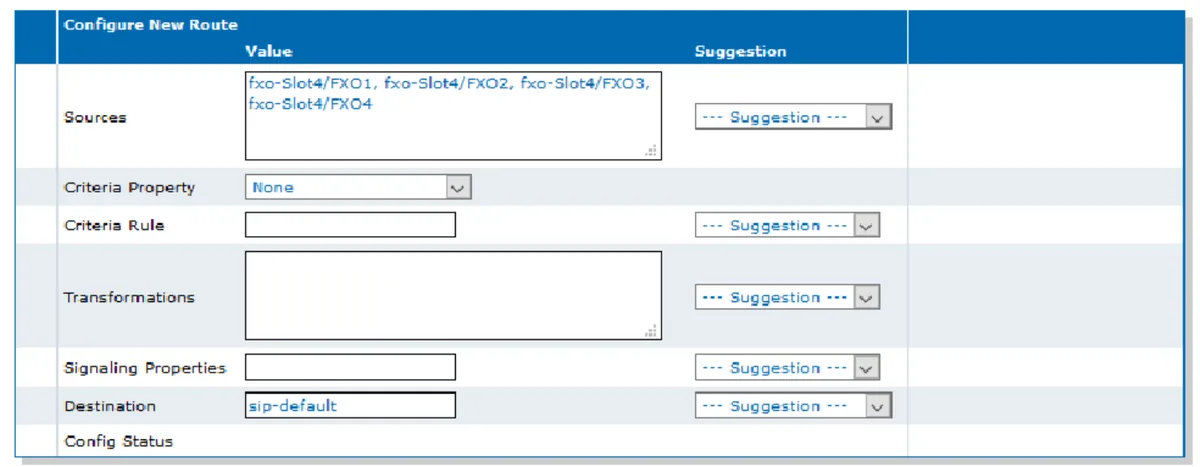 Configure New Route form of the Mediatrix web interface: Sources — four ports fxo-Slot4/FXO1…FXO4, Criteria Property = None, empty Criteria Rule, Transformations and Signaling Properties, Destination = sip-default