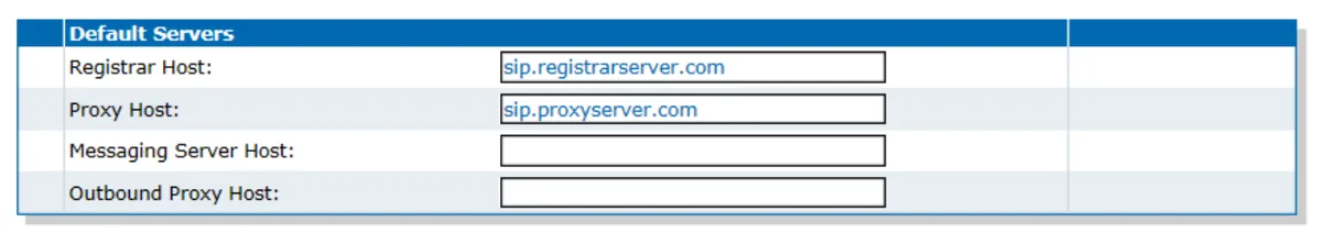 Default Servers table on the SIP/Servers page of the Mediatrix web interface: Registrar Host and Proxy Host filled with server names, Messaging Server Host and Outbound Proxy Host empty