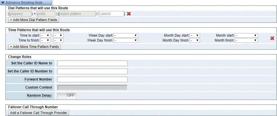 Advance Routing Rule block in the OpenVox web interface: Dial Patterns, Time Patterns and the Change Rules block with Set the Caller ID Name to, Set the Caller ID Number to and Forward Number