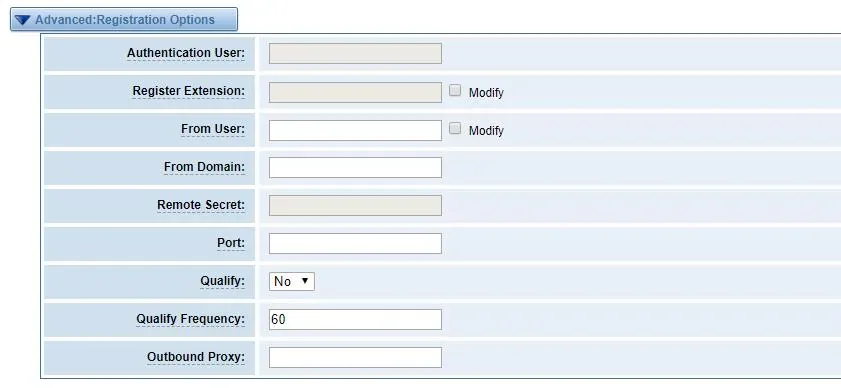 Advanced: Registration Options block in the OpenVox web interface: Authentication User, Register Extension, From User, From Domain, Remote Secret, Port, Qualify, Qualify Frequency 60 and Outbound Proxy
