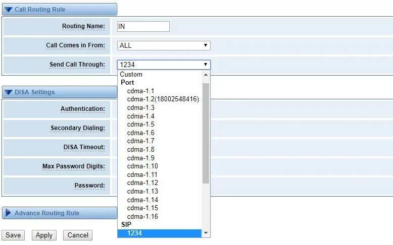 Call Routing Rule form in the OpenVox web interface: Routing Name, Call Comes in From and the expanded Send Call Through list with ports and SIP endpoints