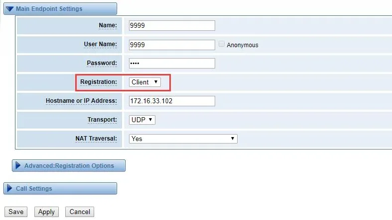 Main Endpoint Settings block of a new SIP Endpoint in the OpenVox web interface: Name, User Name with the Anonymous checkbox, Password, Registration set to Client, Hostname or IP Address, Transport UDP and NAT Traversal