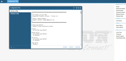 Configuration Files window of the Trinity web interface: startup-config and shipping-config files on the left, “+” and “−” buttons, the configuration text on the right, Backup, Restore and Download buttons at the bottom