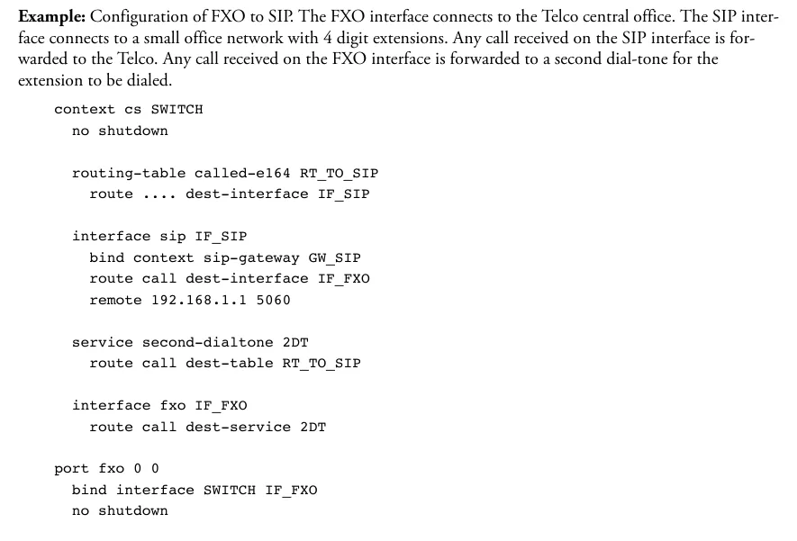Example from Patton's reference: FXO → SIP — context cs SWITCH, routing-table called-e164 RT_TO_SIP with route … dest-interface IF_SIP, interface sip IF_SIP with bind context sip-gateway GW_SIP and remote 192.168.1.1 5060, interface fxo IF_FXO, port fxo 0 0 with bind interface SWITCH IF_FXO