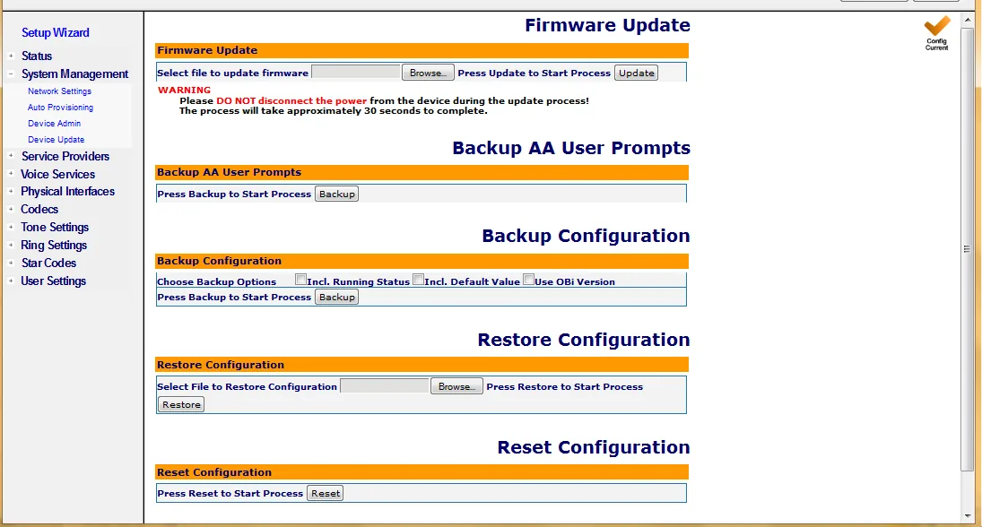 The System Management → Device Update page in the OBi web interface: Firmware Update, Backup AA User Prompts, Backup Configuration, Restore Configuration and Reset Configuration with the Reset button