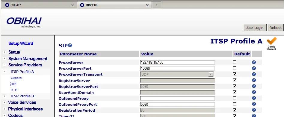 The Service Providers → ITSP Profile A → SIP page in the OBi110 web interface: fields ProxyServer, ProxyServerPort, ProxyServerTransport, RegistrarServer, RegistrarServerPort, OutboundProxy, OutboundProxyPort, RegistrationPeriod