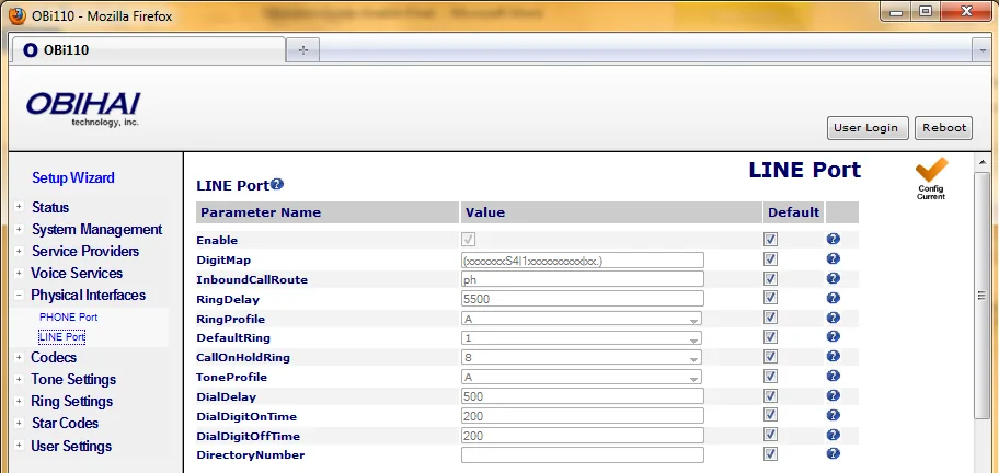 The Physical Interfaces → LINE Port page in the OBi110 web interface: fields Enable, DigitMap, InboundCallRoute with the factory value ph, RingDelay 5500, DialDelay 500, DialDigitOnTime and DialDigitOffTime 200