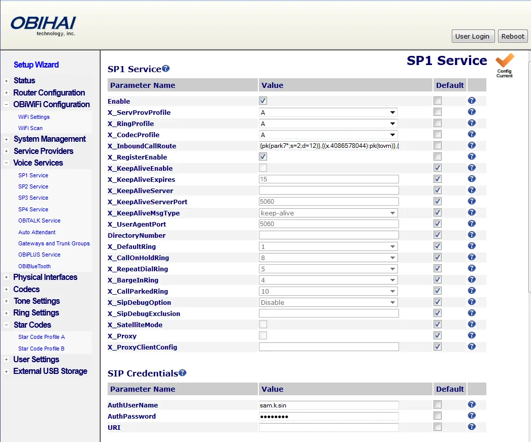 The Voice Services → SP1 Service page in the OBi web interface: Enable, X_ServProvProfile = A, X_InboundCallRoute, X_RegisterEnable, the X_KeepAlive fields, X_UserAgentPort 5060 and the SIP Credentials section with AuthUserName, AuthPassword and URI