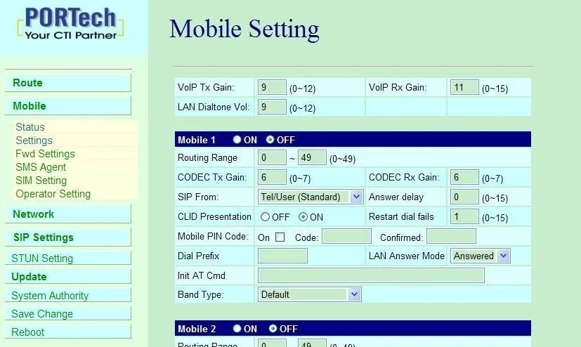 Portech gateway Mobile Setting page: common VoIP Tx/Rx Gain and LAN Dialtone Vol, Mobile 1 block with the ON/OFF switch, Routing Range 0~49, SIP From = Tel/User (Standard), CLID Presentation, Mobile PIN Code, Dial Prefix, LAN Answer Mode, Band Type