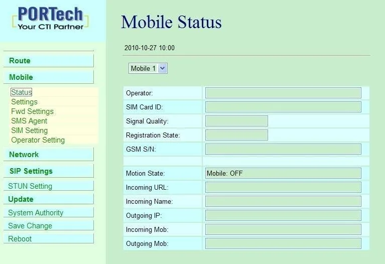Portech gateway Mobile Status page: channel selector Mobile 1, fields Operator, SIM Card ID, Signal Quality, Registration State, GSM S/N, Motion State, Incoming URL, Incoming Name, Outgoing IP, Incoming Mob, Outgoing Mob