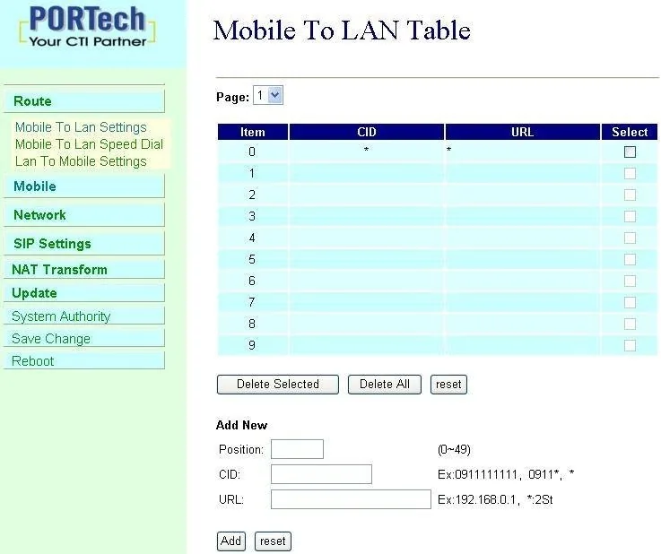 Portech gateway Mobile To LAN Table page: rule table Item / CID / URL, Delete Selected and Delete All buttons, Add New block with the Position (0~49), CID and URL fields