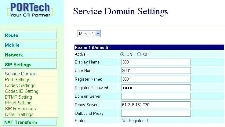 Portech gateway Service Domain Settings page: channel selector Mobile 1, Realm 1 (Default) block with the Active, Display Name, User Name, Register Name, Register Password, Domain Server, Proxy Server, Outbound Proxy fields and the Status line