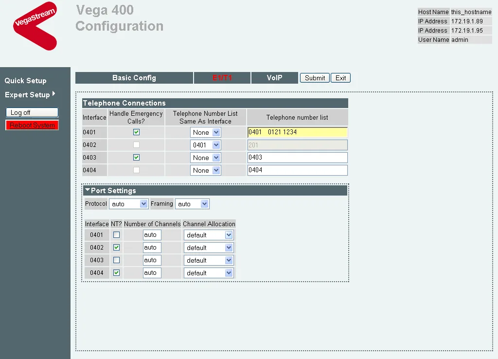The E1/T1 tab of the Quick Config wizard (firmware R8.1, Vega 400): the Telephone Connections table for interfaces 0401–0404 and the Port Settings section with the Protocol and Framing fields and the NT?, Number of Channels, Channel Allocation columns