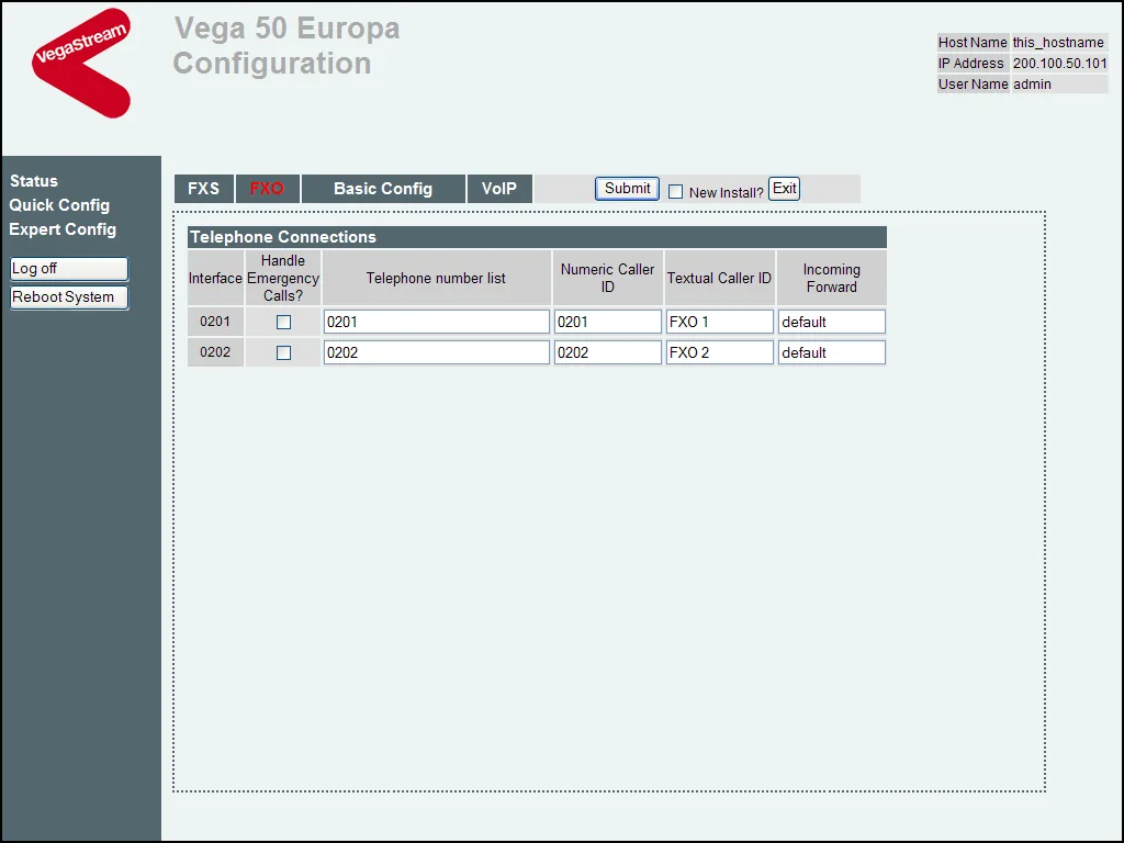 The FXO tab of the Quick Config wizard (firmware R8.1, Vega 50 Europa): the Telephone Connections table with columns Interface (0201, 0202), Handle Emergency Calls?, Telephone number list, Numeric Caller ID, Textual Caller ID and Incoming Forward set to default