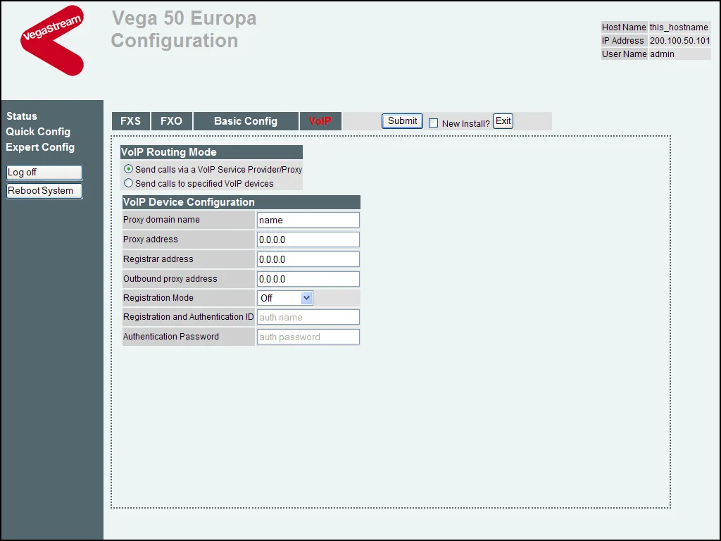 The VoIP tab of the Quick Config wizard (firmware R8.1, Vega 50 Europa): the VoIP Routing Mode switch 