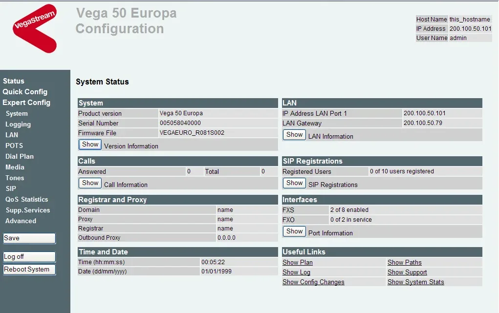The Status page of the Vega web interface (firmware R8.1, Vega 50 Europa): the System block (Product version, Serial Number, Firmware File), LAN, Calls, SIP Registrations with the Registered Users line, Registrar and Proxy, Interfaces; on the left the Status, Quick Config, Expert Config menu and the Save and Reboot System buttons