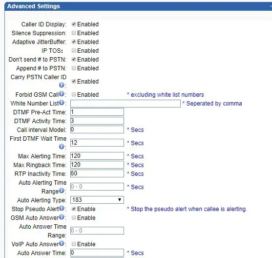 Skyline gateway Advanced Settings page: Caller ID Display, Carry PSTN Caller ID = Enabled, Forbid GSM Call and White Number List, First DTMF Wait Time 12 s, Max Alerting Time, GSM Auto Answer, VoIP Auto Answer