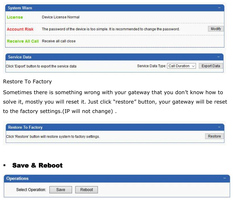 Skyline gateway pages System Warn (License, Account Risk, Receive All Call), Service Data, Restore To Factory with the Restore button and Save & Reboot with the Save and Reboot buttons