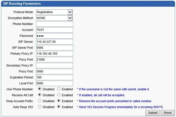 Skyline gateway SIP Running Parameters block: Protocol Mode = Registration, Encryption Method = NONE, Phone Number, Account, Password, SIP Server, SIP Server Port 5060, Primary Proxy IP and Proxy Port (the manufacturer's sample proxy — do not copy), Expiration Period 180, Local Port 5060, Use Phone Number, Receive All Call, Drop Account Prefix, Auto Resp 183