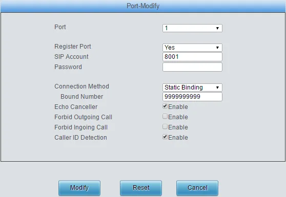 Synway SMG4000 Port-Modify window: Port 1, Register Port, SIP Account 8001, Password, Connection Method = Static Binding, Bound Number, Echo Canceller, Forbid Outgoing Call, Forbid Incoming Call, Caller ID Detection