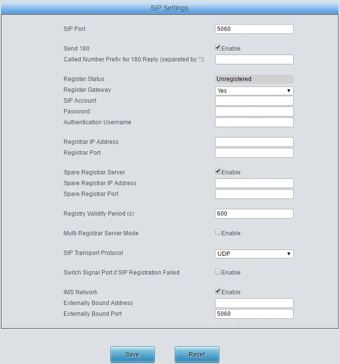 Synway SMG4000 SIP Settings page: SIP Port 5060, Register Status, Register Gateway, SIP Account, Password, Authentication Username, Registrar IP Address, Registrar Port, Spare Registrar Server, Registry Validity Period 600, SIP Transport Protocol UDP, IMS Network
