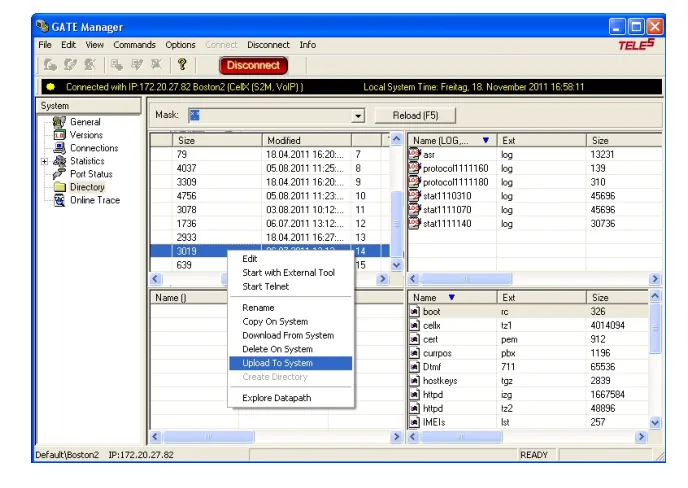 The GATE Manager window in Directory view: the System tree on the left (General, Versions, Connections, Statistics, Port Status, Directory, Online Trace), lists of the gateway's files on the right and a context menu with Edit, Download From System, Upload To System