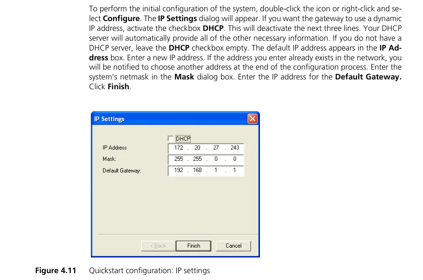 The IP Settings window of the Quickstart tool for a TELES iGATE: DHCP checkbox, IP Address, Mask and Default Gateway fields, Back, Finish and Cancel buttons; above the window — the manual's text on initial address setup