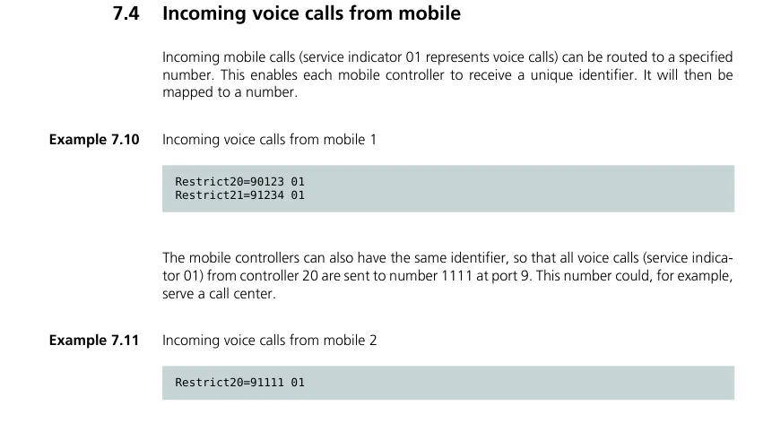 Section 7.4 of the iGATE manual, “Incoming voice calls from mobile”: examples Restrict20=90123 01 and Restrict21=91234 01 — a separate number for each mobile controller, and Restrict20=91111 01 — all voice calls from controller 20 to one number, for example for a call centre
