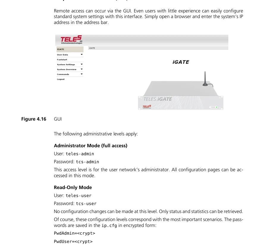 The TELES iGATE web interface: menu on the left with User Data, Faststart, System Settings, System Overview, Commands, Logout; below — the manual's text with the logins teles-admin / tcs-admin (Administrator Mode) and teles-user / tcs-user (Read-Only Mode)