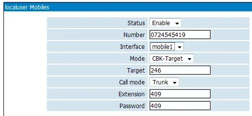 More window of the Topex MobiLink IP gateway (LOCAL USERS → Mobile Users section): Status, Number, Interface, Mode, Target, Call mode (Trunk), Extension and Password fields