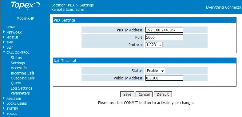 CALL CONTROL → Settings page of the Topex MobiLink IP gateway: PBX Settings block with PBX IP Address, Port 5060 and Protocol fields, Nat Traversal block with Status and Public IP Address, Save, Cancel, Default buttons and a reminder to press COMMIT