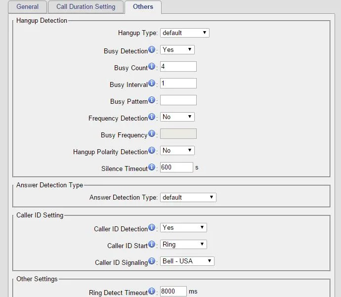The Others tab of an FXO port: the Hangup Detection block (Busy Detection, Busy Count 4, Busy Interval, Busy Pattern, Hangup Polarity Detection, Silence Timeout 600 s), Answer Detection Type and Caller ID Setting