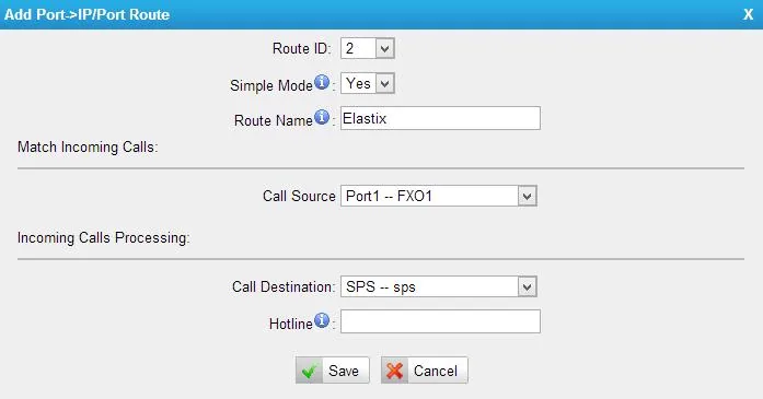The “Add Port->IP/Port Route” window in Simple Mode: Route ID, Route Name, Call Source (Port1 -- FXO1), Call Destination and the Hotline field