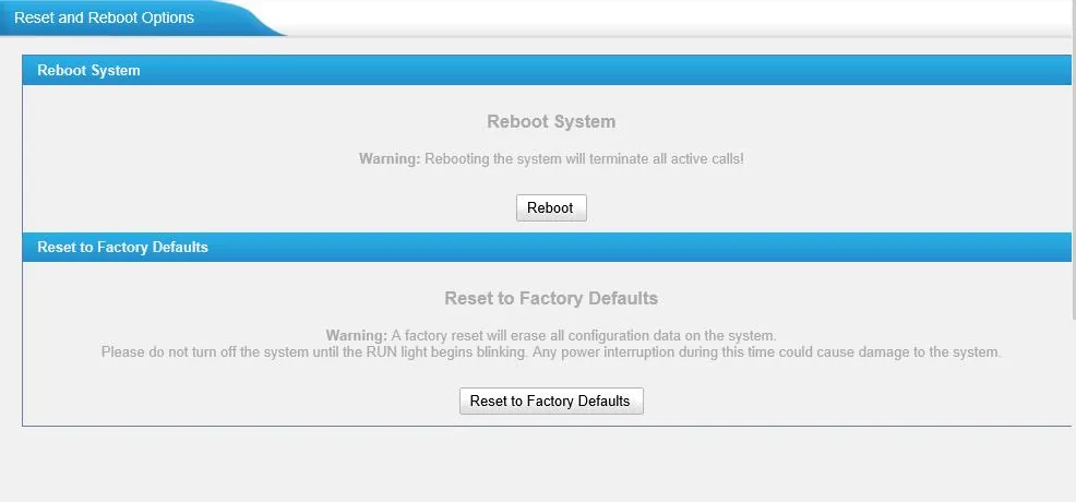 Yeastar TE Reset and Reboot Options page: Reboot System and Reset to Factory Defaults blocks with a warning not to turn off the power until RUN blinks