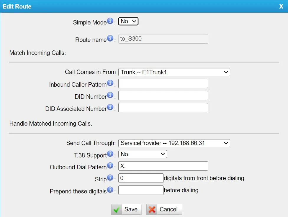 Yeastar TE Edit Route window in detailed mode: Simple Mode = No, Call Comes in From = Trunk -- E1Trunk1, fields Inbound Caller Pattern, DID Number, DID Associated Number, Send Call Through, Outbound Dial Pattern, Strip and Prepend