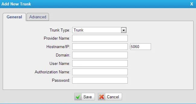 Yeastar TE Add New Trunk window: Trunk Type = Trunk, Provider Name, Hostname/IP with port 5060, Domain, User Name, Authorization Name, Password