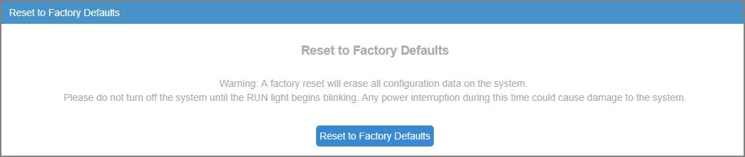 Reset to Factory Defaults page of the Yeastar TG with the warning not to power off until RUN starts blinking