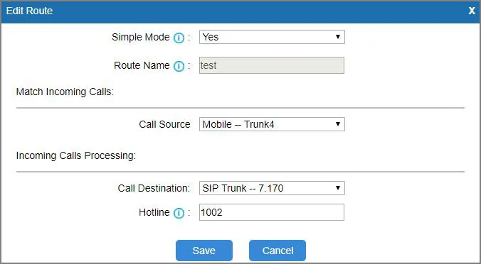 Mobile to IP route window of the Yeastar TG: Simple Mode = Yes, Route Name, Call Source = mobile trunk, Call Destination = SIP trunk, Hotline