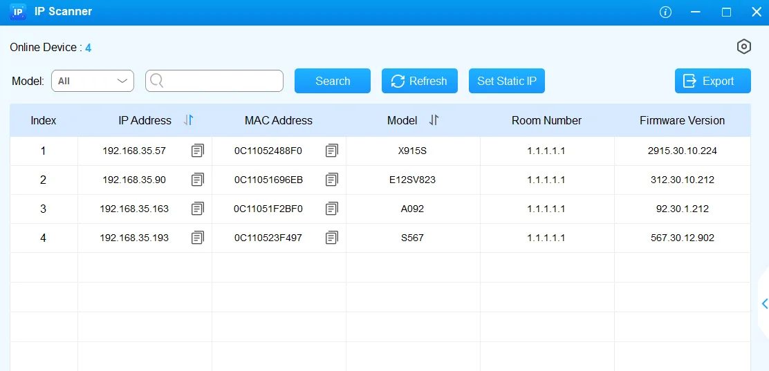Akuvox IP Scanner: the list of devices found on the network with IP address, MAC, model and firmware version