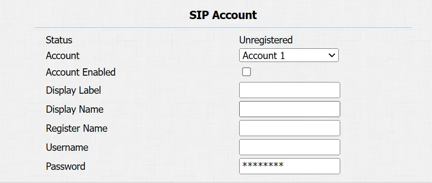The SIP Account block of the Akuvox web interface: Status, Account, Account Enabled, Display Label, Display Name, Register Name, Username, Password