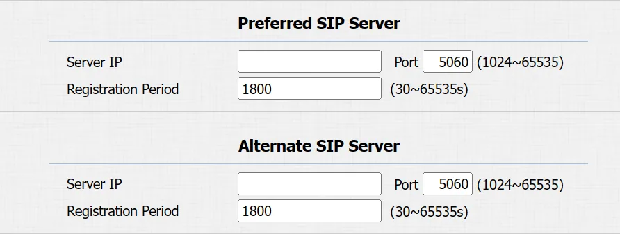 The SIP Server block of the Akuvox web interface: Server IP, Port, Registration Period