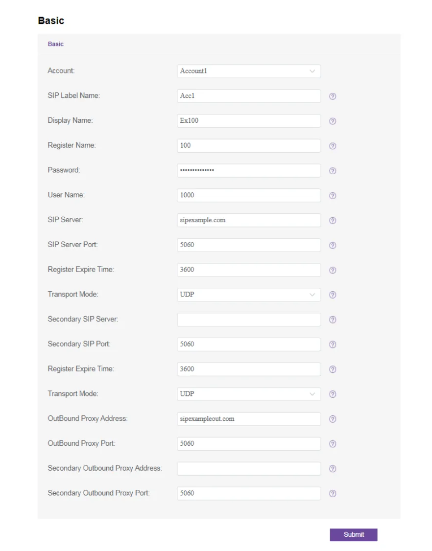 The Accounts → Basic page in the phone web interface