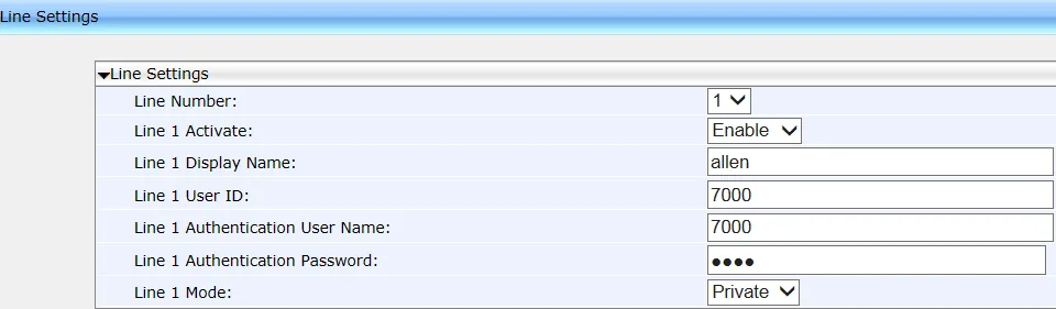 The Line Settings page in the phone web interface