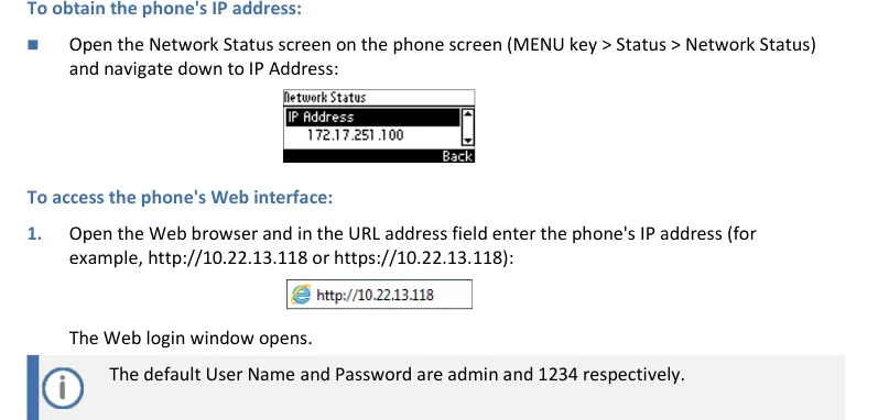 The phone's Network Status screen and the web interface login note